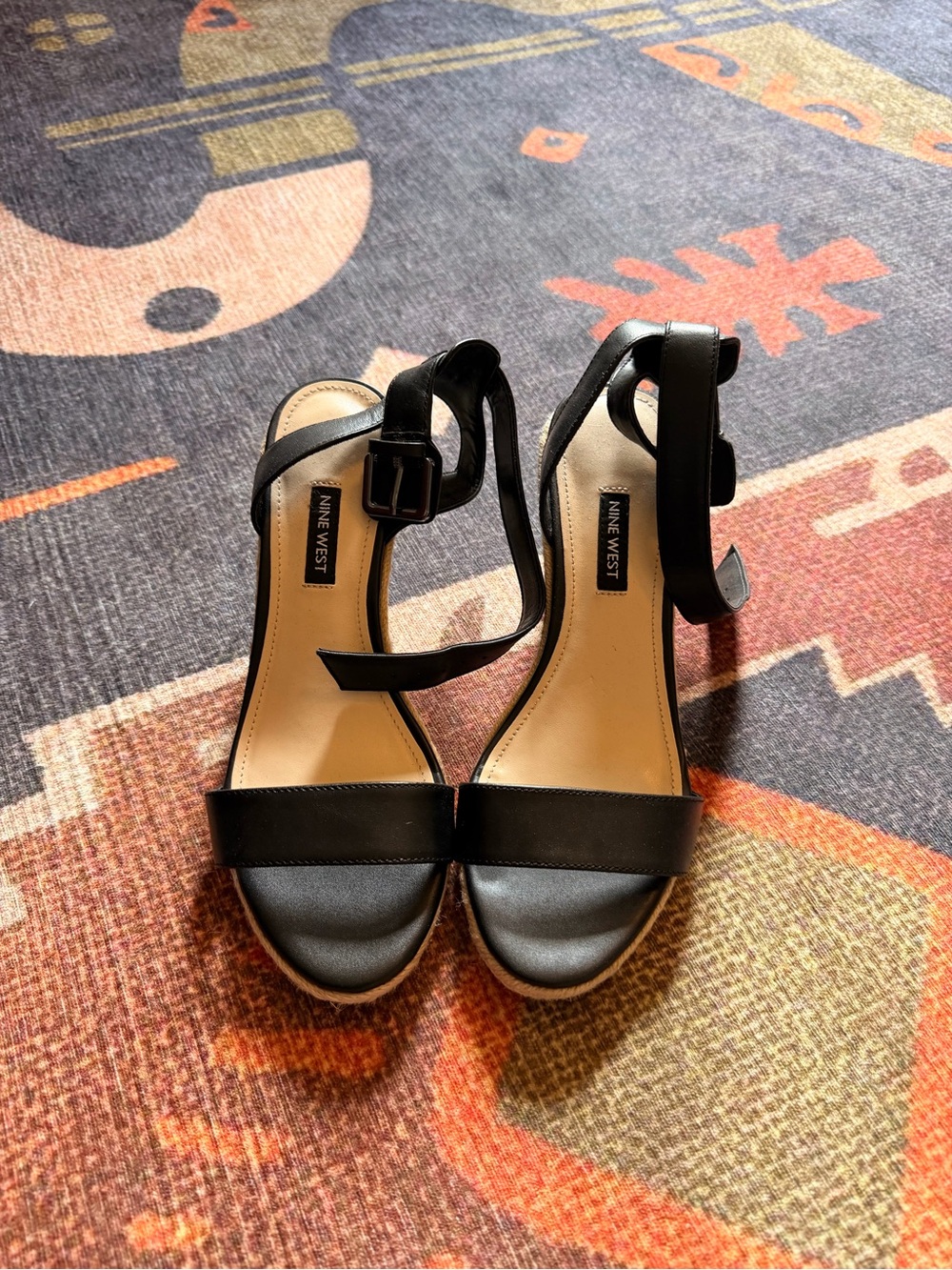 Nine West Black Open-Toe Ankle-Strap Espadrille Wedges